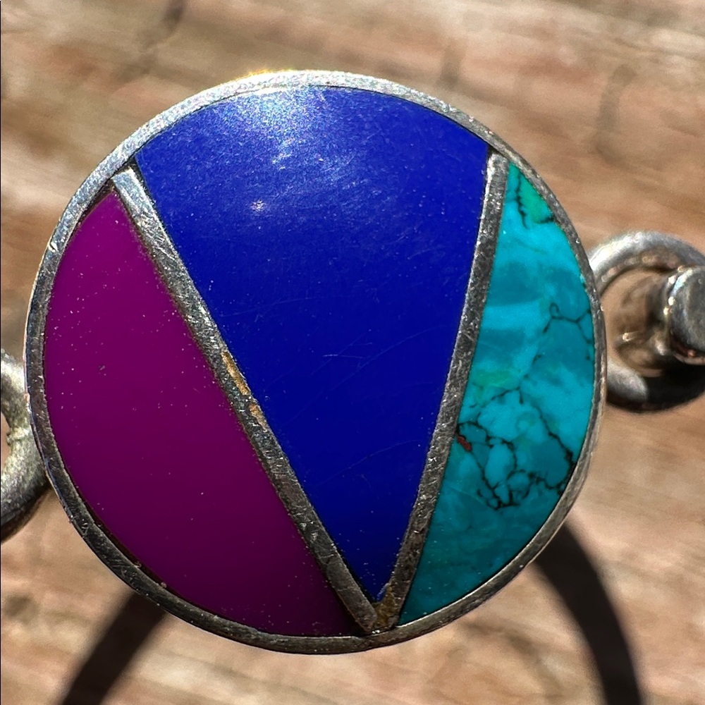 Sterling Silver Inlaid Turquoise and other Stone Vintage Bracelet - Picture 7 of 8